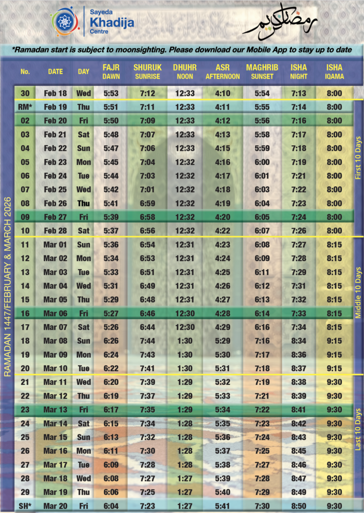 Ramadan Calendar Timetable